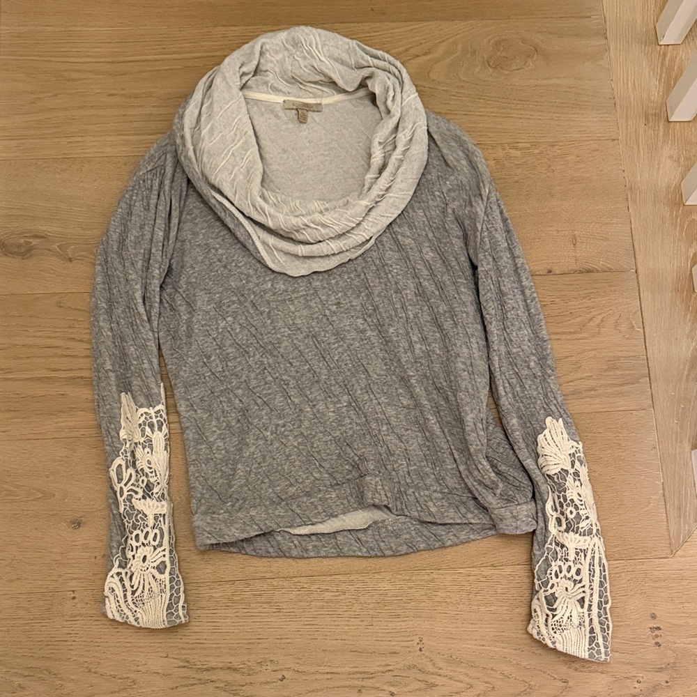 Bordeaux Heather Gray and Cream Lace Cowl Neck Sweater with Lace Sleeves